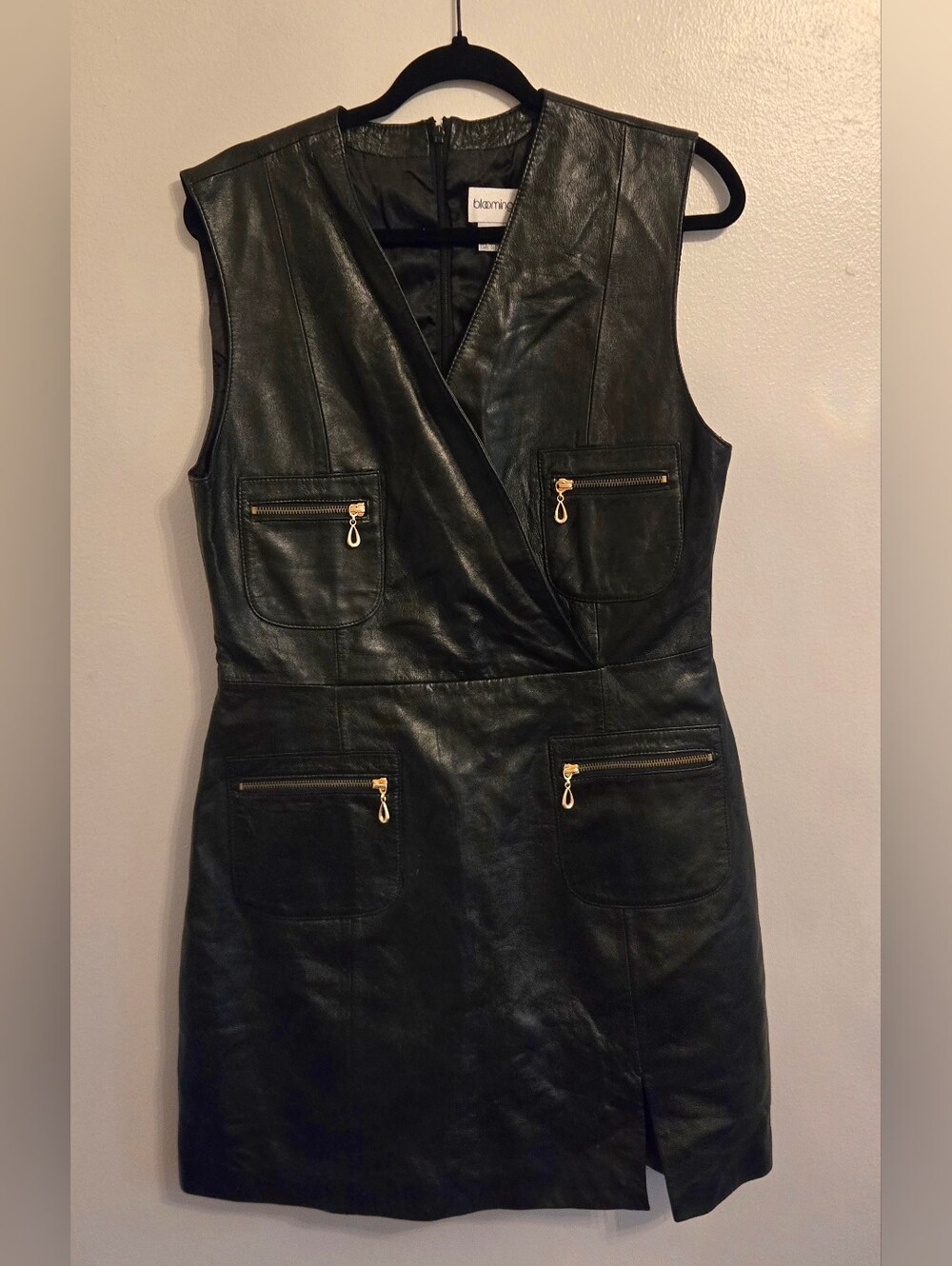 Bloomingdale's Black Leather Mini Dress Sleeveless Fixed Wrap Bodice Size 12